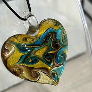 Colorful Glass Heart Pendant in Yellows, Turquoises, and Browns